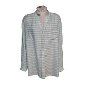 Coldwater Creek Linen Striped‎ Coastal Shirt Size XL Roll Tab Sleeve Green White